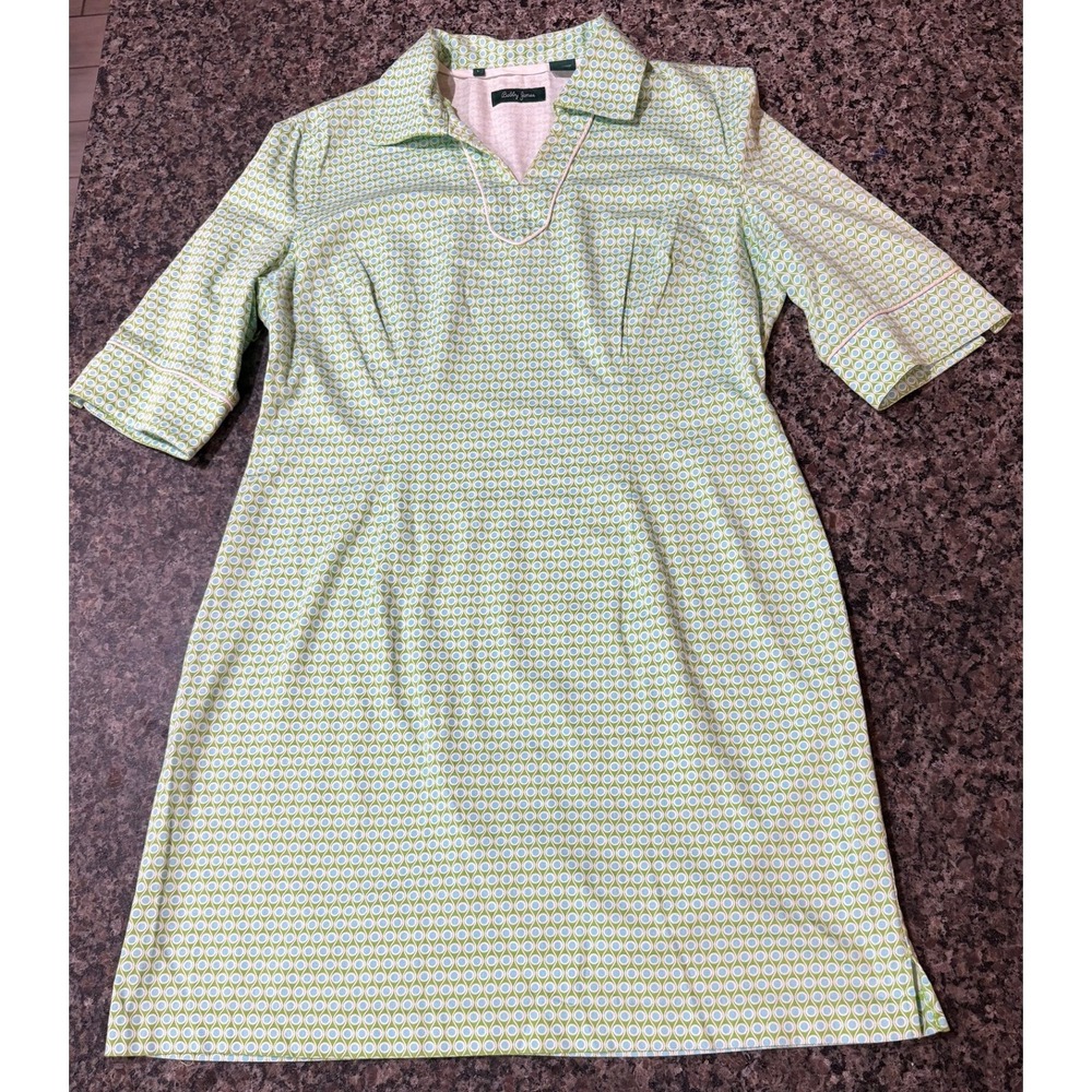 Bobby Jones Womens Green Blue Geometric Golf Dress Short Sleeve Cotton Blend L